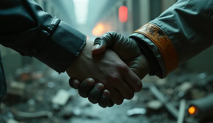 An extreme close-up captures the **rough, scarred hand of a freed inmate** gripping the forearm of a **rebel fighter**, their clasp locked in a moment of unity. The **rebel’s gray uniform with bold orange accents** is smeared with soot and battle grime, th...