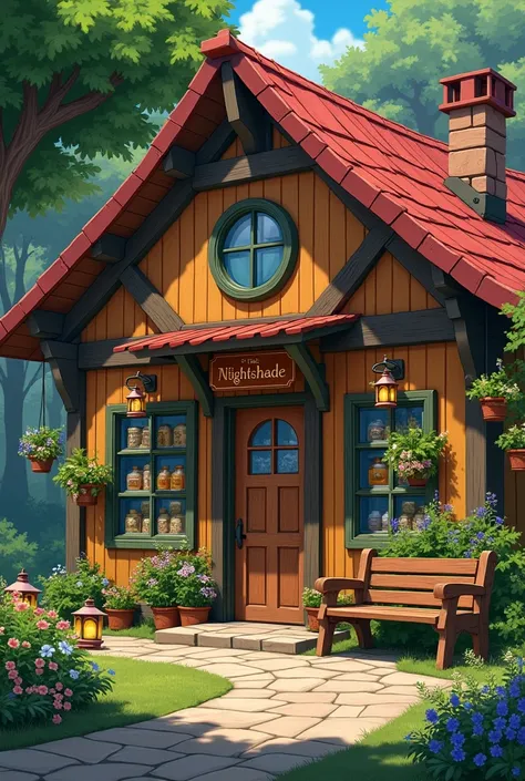  The Nightshade house-store is a charming rustic structure of wood varnished in honey ,  with red roof tiles and green window frames .  The entrance has a solid wood door carved with flower and leaf motifs ,  topped by a wrought-iron sign that reads  " The...