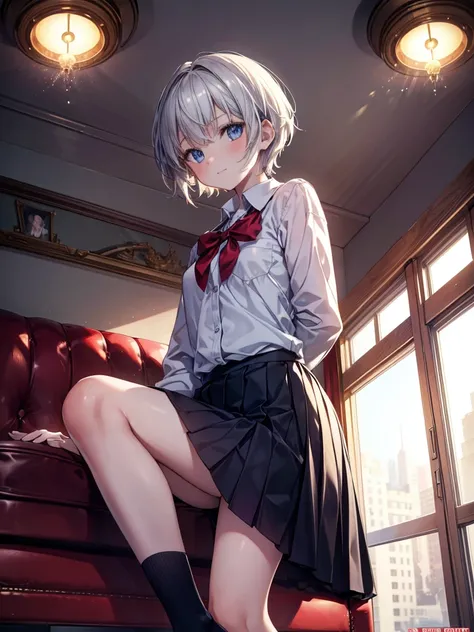 cinematic angle, solo focus,masterpiece, best quality, extremely detailed, absurdres,from above, very aesthetic,one cute girl has short hair, (wind), the background is living room,(sit on the sofa), the girl wearing (school uniform ),lens flare,light smile...