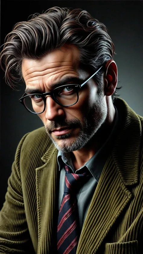 realistic illustration, Vampire male 45 years old, well-groomed medium hair entrecano ,   plastic glasses ,  casual shirt and tie ,  gray-green corduroy dress jacket .  strong body , Serious and firm gesture , arms crossed.  In an elegant and modern office...