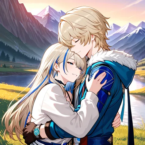 Love couple, Serval Landau and Gepard Landau, Honkai Star Rail, human, hugging each other, river and mountain in background, masterpiece, best quality, High resolution