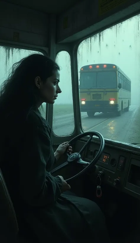 passenger looking at the bus driver in haunted environment 