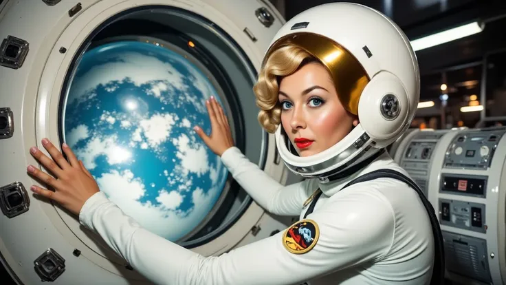 A woman from the 50s , classic short wavy blonde hair,  with a white cosmonaut costume with a retrofuturistic design and patches showing space mission emblems, He's doing repairs on a spaceship.  Her helmet has a reflective gold visor and shiny metallic de...