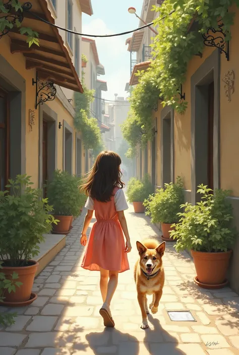 A girl walking with her dog in the street painting 