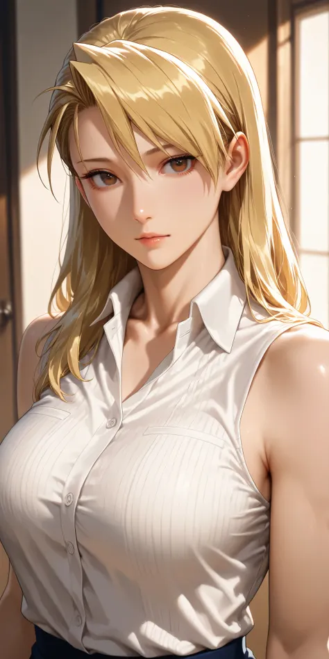 Masterpiece, very aesthetic, vibrant, high contrast, mature woman, riza hawkeye, brown eyes, upper body, medium breasts, sleeveless white collared shirt, collarbone, best quality, home, semrealistic