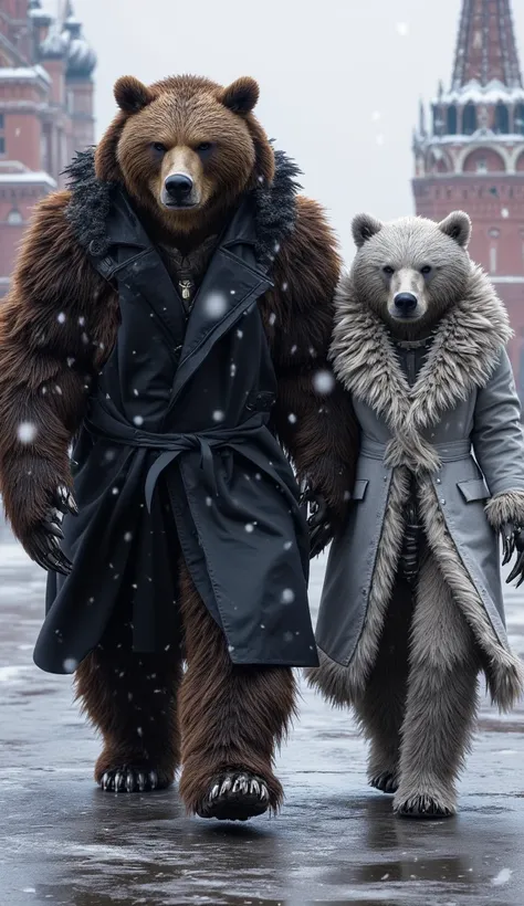 "A colossal male brown bear with a thick, lustrous coat of fur strides heavily beside a sleek, yet equally imposing female bear. His broad paws land with authority, creating faint cracks in the icy ground of a Moscow square. His dark, calculating eyes peer...