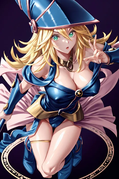  ultra detailed,  model body,  masterpiece,  highest quality ,  better quality, absurdities, highres, Dark Magician Girl, (1 girl:1.2), Alone ,  detailed face,  dynamic posture, hair flow, ( tall cowgirl :1.1),   blond hair,  long hair,  looking at the spe...