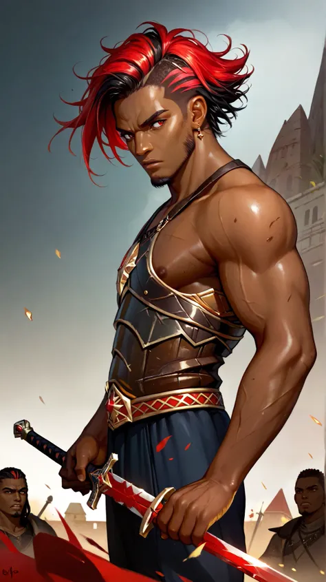 Create a dark-skinned African black man, With short black dread hair with red highlights, with goatee,  with blood red eyes ,  bronze armor with gold and diamond details black stones in, fighting with swords on a battlefield.  Contra-Dive (Bottom-Up)