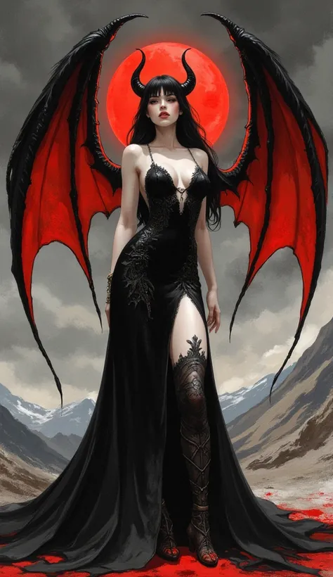 Detailed proportions and textures and multi-color with airbrushed brush strokes that presents a semi-realistic illustration in Chinese ink a female figure (a succubus beautifully, perfect and daring sexi) with striking, large wings. The wings are predomina...