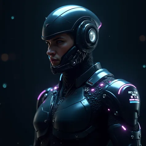  A highly advanced cyber warrior ,  with a futuristic armor detailed in dark metallic tones and subtle neon .  Your face is partially covered by a technological helmet with a translucent visor,  revealing glowing eyes filled with artificial intelligence . ...