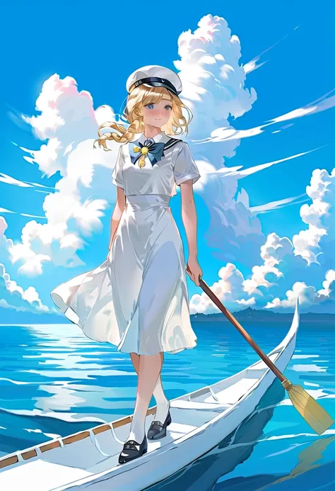 alicia blond hair, single braid aria company uniform, beret, blouse, bowtie, brooch, sailor collar, short sleeves, long dress, dress, side slit, sunshine , Cumulonimbus clouds, blue sky, she is standing on a white gondola, beautiful woman rowing, clear blu...