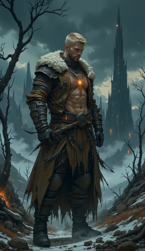 " A muscular Polish warrior , 34 years old,  with powerful arms and pectorals ,  chest hair ,  short beard and short blond hair .  His tribal tattoo on his chest has an ancient and mysterious appearance ,  as if he were linked to hidden forces .  The layer...