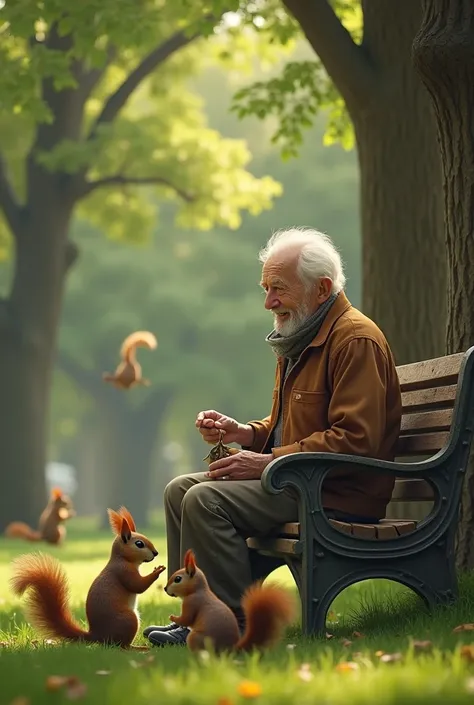 Create a person over 60, Where do you find yourself sitting in the park with squirrels 