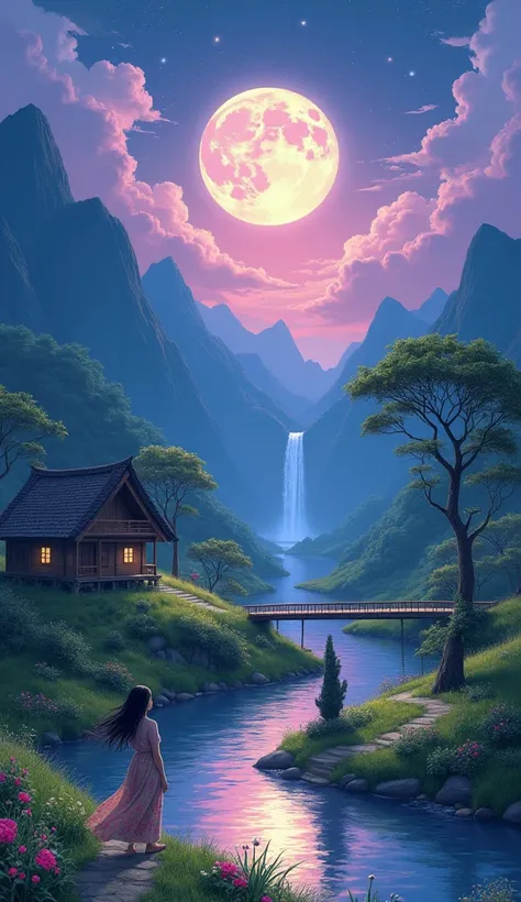 

"A peaceful , serene landscape with a meandering river reflecting the colors of the full Moon . Left,  a small traditional wooden house stands on the edge of the ,  surrounded by lush green grass and vibrant flowers . In the background,  towering mountai...