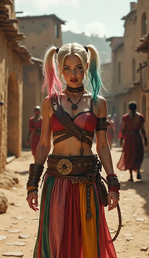 Harley Quinn lives in ancient times, wearing an outfit from that era, but using ideas from Harley Quin's costume, she is in a village in ancient times.