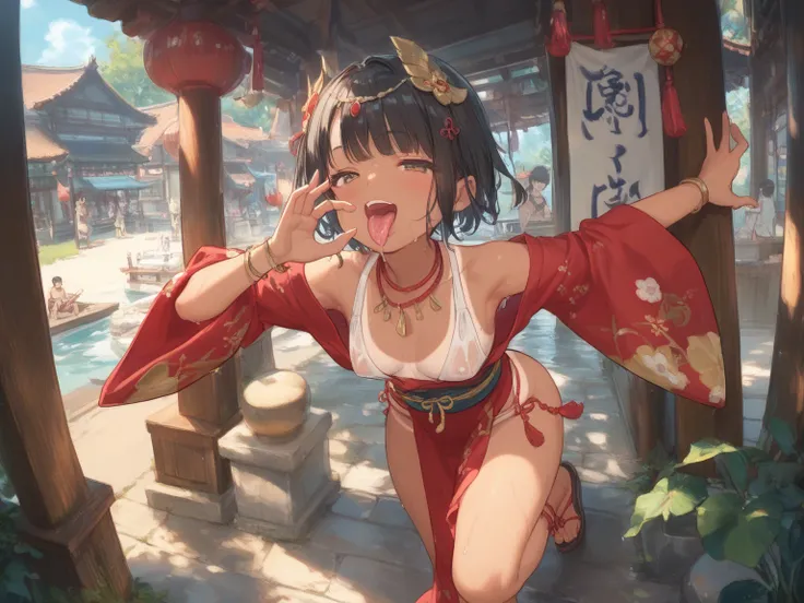  high quality, 1girl , beautiful girl,masterpiece,tanlines,wet, loincloth,loincloth, kimono, lnaughty face,petites,open mouth ,black hair,short hair,happy,nsfw,sweat,blush,full body,looking back,hip focus,fellatio gesture,long tongue,thong 