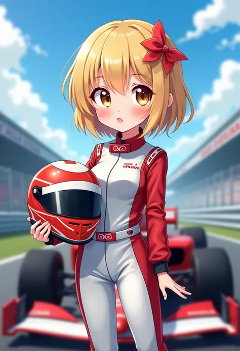 1girl, pretty and cute, blonde short flipped hair, masterpiece, simple, comical, :3, (formula racer suits clothes, holding a racer helmet) fomula car, in circuit