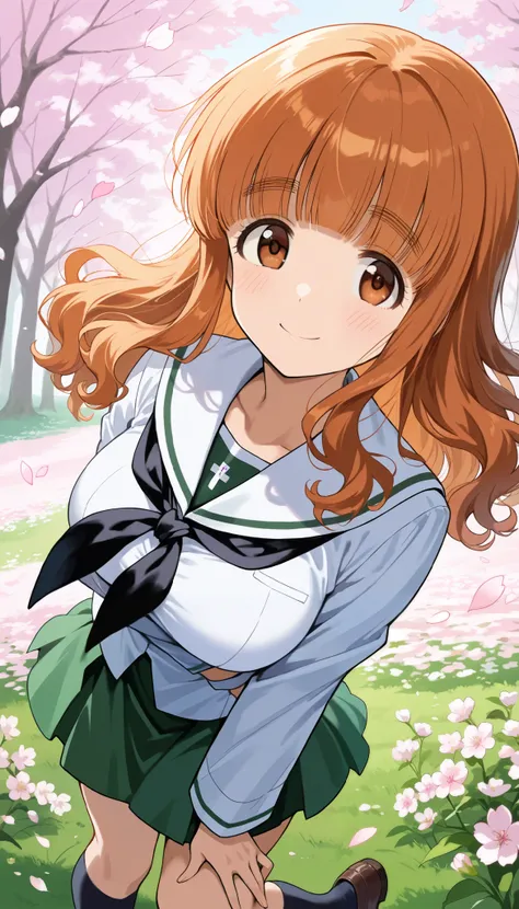  score_9,  score_8_ up the side,  score_7_ up the side,  source_Anime,
,Outdoors, cherry blossoms, standing,cowboy shot,smile,  Flower Field ,  reach out ,  up the sideper body,  close-up portrait , 
 Takebe Saori , blunt bangs,  long hair,  orange hair,  ...