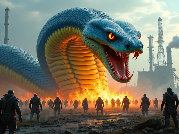  realistic image : In the industrial plains of Donbass in Ukraine , a giant cobra ,  whose skin is blue and yellow, Spit fire on a horde of orcs, All of which are catching fire and perishing