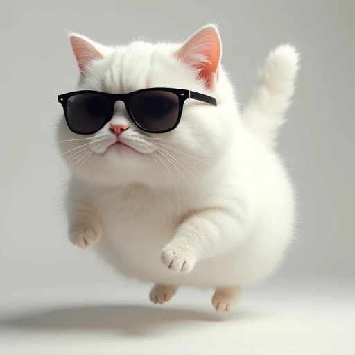 A fat white cat wearing sunglasses is shot like a soccer ball