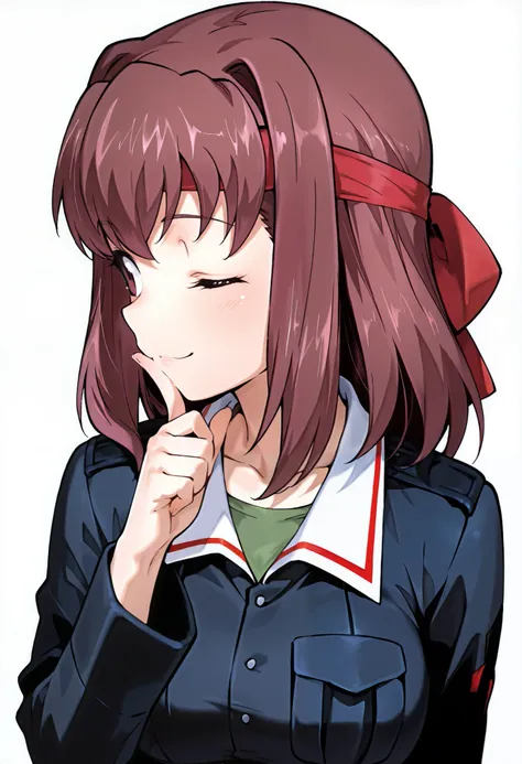 masterPiece, top quality, amazing quality,Alone, 1 girl,
Taeko,P_Gus , jacket , ロンGus リーブ , Oarai military uniform ,
 accurately _in_viewer,uPPer_body,face_concentrated,dynamic_angle,cineminic_angle, place your finger on your chin, is laughing,light_, with...
