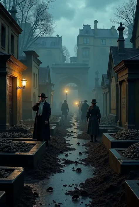 "A chaotic and grim 18th-century Parisian cemetery at night, overcrowded with crumbling tombstones, open graves, and piles of decaying coffins. The atmosphere is dark and oppressive, with thick fog and dark clouds overhead. People in historical clothing ar...