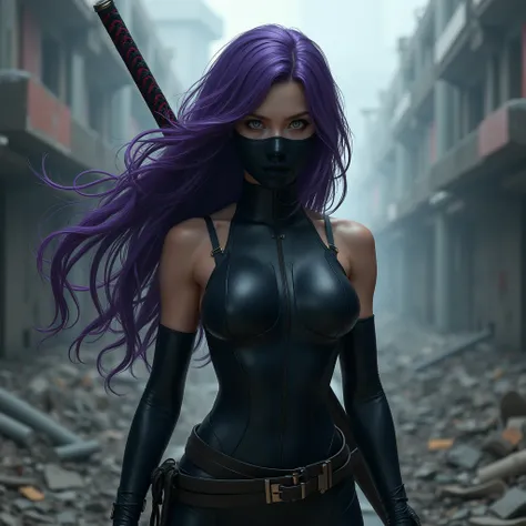  Cylock atmosphere of Marvel Rivals characters,  very very realistic depiction ,　 she's so amazing ,　Alone,　 Kunoichi,　 thick purple hair ,　 wearing a sword on his back ,　Black back,　 Ruined Streetscapes ,　Dark background ,　 face mask from nose to collarbo...