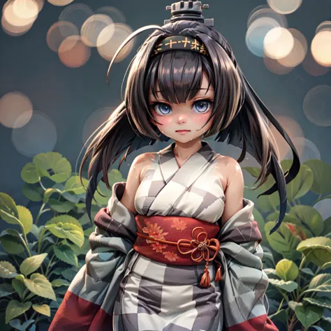 akizukiyukataKC,blue eyes ,ponytail, ahoge,kimono, sash, headband, obi, yukata, checkered clothes,hachimaki,checkered kimono,sweat, bare shoulder,