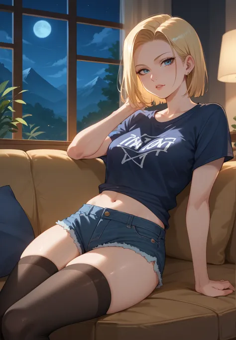 1girl, Android 18, sitting on a couch, t-shirt, silk shorts, thigh highs, sexy pose, lustful, BREAK, night time, mountain cottage, cinematic lighting,