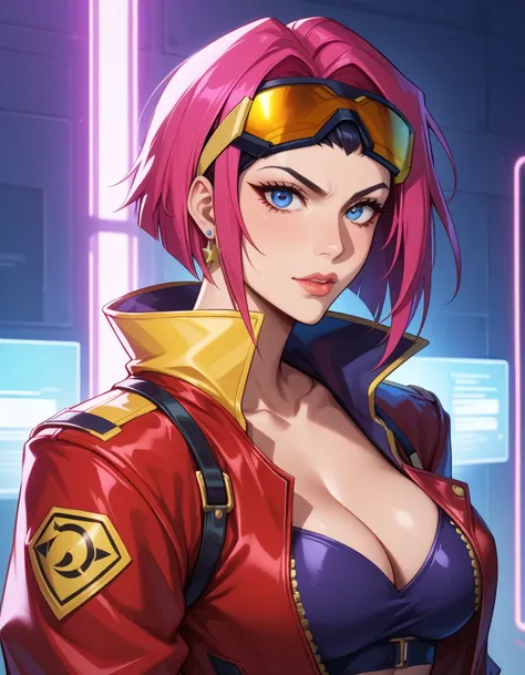 Faye Valentine as a cyberpunk hacker, wearing her signature red jacket with futuristic tech upgrades, sleek cybernetic goggles, and a neon-lit headset, surrounded by glowing holographic screens filled with complex data in a high-tech control room, intense ...