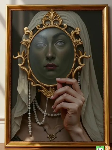 A woman holding a mirror and covering her entire face with a mirror, fingers do not touch the glossy surface of the mirror