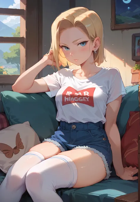 1girl, Android 18, sitting on a couch, t-shirt, silk shorts, thigh highs, sexy pose, lustful, BREAK, night time, mountain cottage, cinematic lighting,