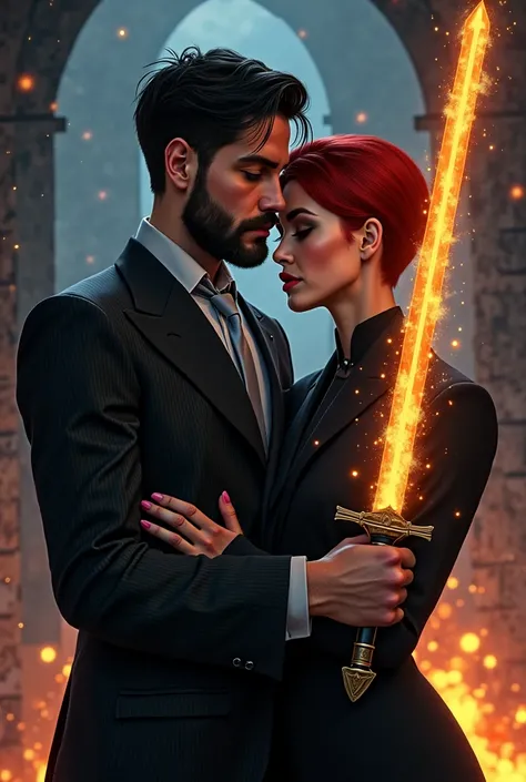 Handsome man with short straight black hair with a short beard , tall and stocky wearing a striped black 2-piece suit with gray shirt and light gray tie wielding a sword wrapped in fire embracing a handsome man with short red hair with short beard dressed ...