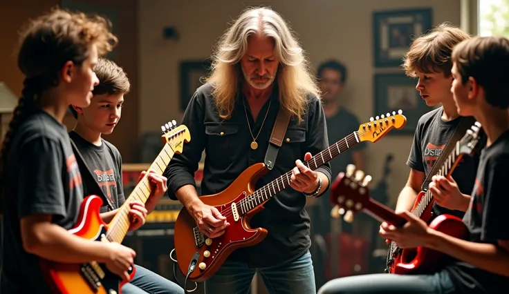 Eddie Van Halen teaching guitar techniques to young musicians in a private lesson."
"A scene of Eddie Van Halen inspiring a new generation of guitarists, with several young people playing guitars around him."