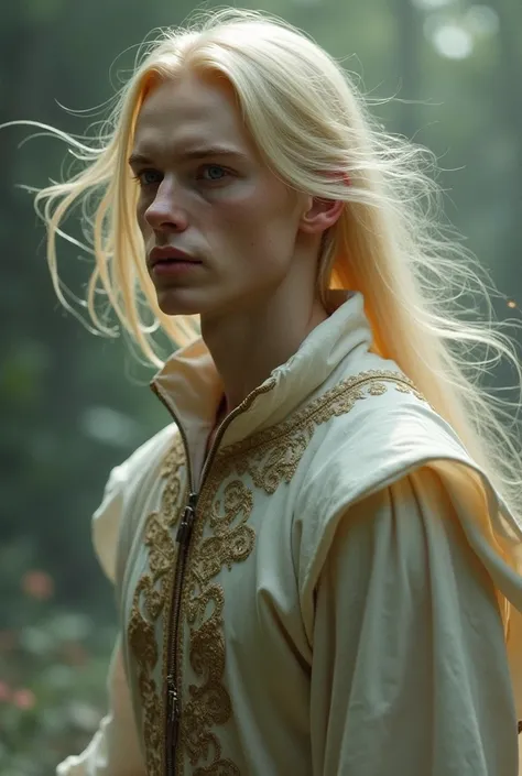 man, blonde, Delicate effeminate face, wearing medieval tunic, hair in the wind