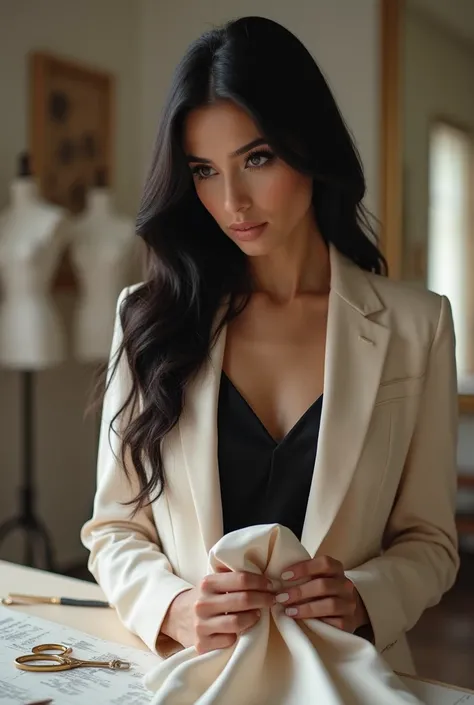  Better quality, Stunning Latin confectionist,  with long hair, black and smooth, She is in her elegant studio ,  holding a piece of refined fabric and observing the details .  She wears a light blazer over a black blouse with no neckline .  Her dark brown...