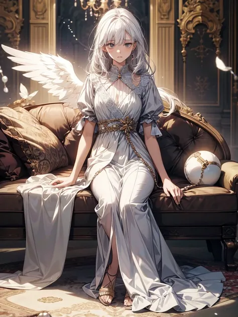 a woman, white hair,beautiful, angelic, full body, she was lying down sitting, holding small pearls in both hands, looking at  with a somewhat sad face