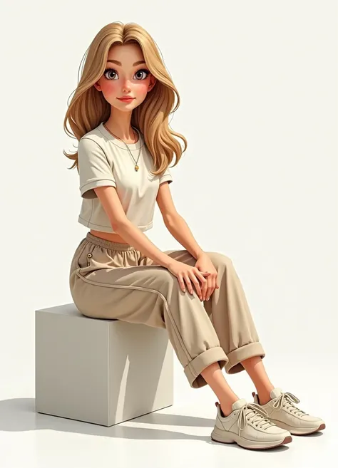 Very realistic and idealized cartoon of a teenage girl in beige sportswear.  The animated CHARACTER must be realistic and elegant ,  maintaining the artistic style of the drawing provided . She must have a very beautiful and realistic idealized face , like...