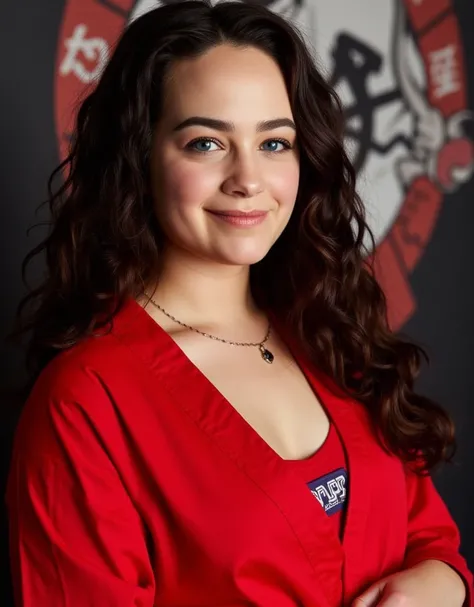 1 ,  alone, HD, 120,000 pixels  , HDR,   Professional Photography,  a photograph of Mary Mouser, Samantha de Cobra Kai,  cleavage,  blue eyes,  t-shirt, red karate kimono , karate academy, close view, neckline, red kimono,   smiling, focus on the eyes, clo...