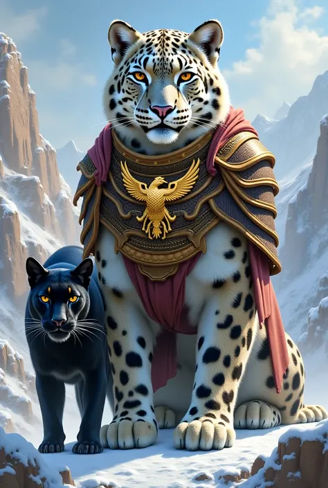  A snow leopard in brown samurai armour armoured with a gold-colored Phoenix coat of arms than the chest, Accompanied by the god Anubis in Egyptian armor and his black panther Bastet  