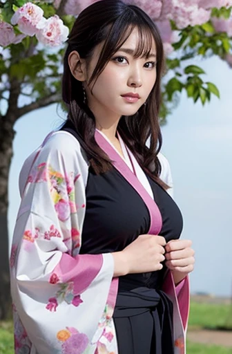 Japanese、woman、Long Black Hair、Big Breasts、Beauty、Kimono Pose、Long-sleeved kimono、Cherry tree、spring