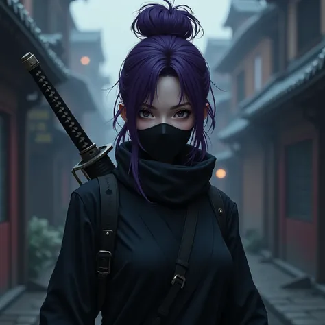  Cylock atmosphere of Marvel Rivals characters,  very very realistic depiction ,　 she's so amazing ,　Alone,　 Kunoichi,　 thick purple hair ,　 wearing a sword on his back ,　Black back,　 cityscape like a Japanese period drama ,　Dark background ,　 face mask fr...