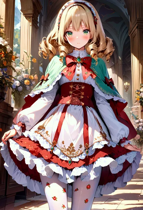 (masterpiece),(best quality),(ultra-detailed),(best illustration),(best shadow),(detailed background),1girl, blonde-hair, green-eyes, pantyhose, hairband, short-hair, frills, gem, dress, jewelry, brooch, solo, lolita-fashion, white-pantyhose, capelet, stan...