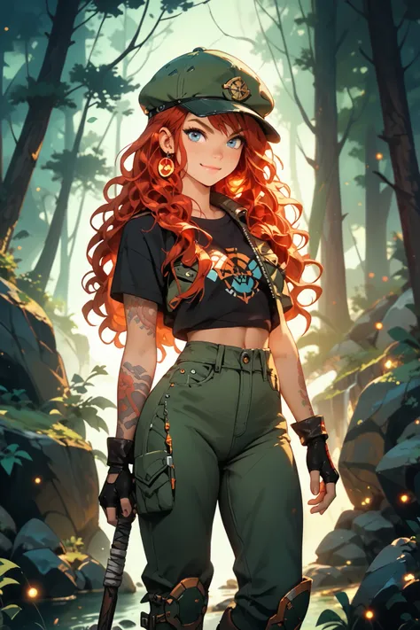 solo, wide shot, woman,  long red wavy hair, blue eyes, closed mouth smile, tattoos on arms, forest with rocky cliffs, large rocks, mining pick, fully clothed, clothes are dark in color, boots, thick waist, fingerless gloves,  pants, fantasy, wide shot, be...