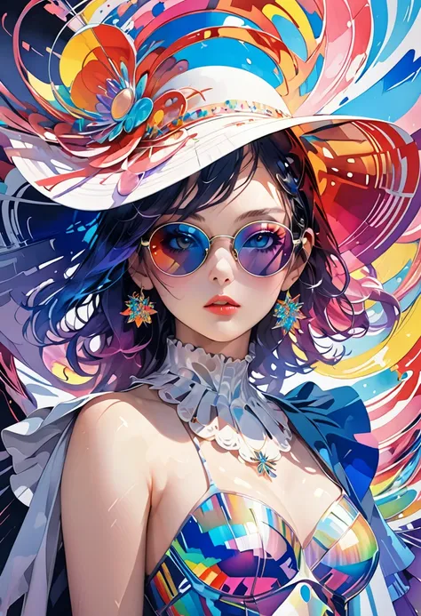 ultra detailed, absolutely resolution, masterpiece. 
fusion of pop art and psychedelic art, fusion of watercolor, acrylic and collage, conceptual installation art, various iridescent effects. 
beautiful fashion model woman, hat, sunglasses, outfit, posing....