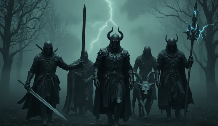 A picture of four brother knights walking side by side through the fog to enter battle. The first brother has a long sword slung over his shoulder and holding its scabbard. The second brother has a cloak of sable and a sword with lightning in his hands. Th...