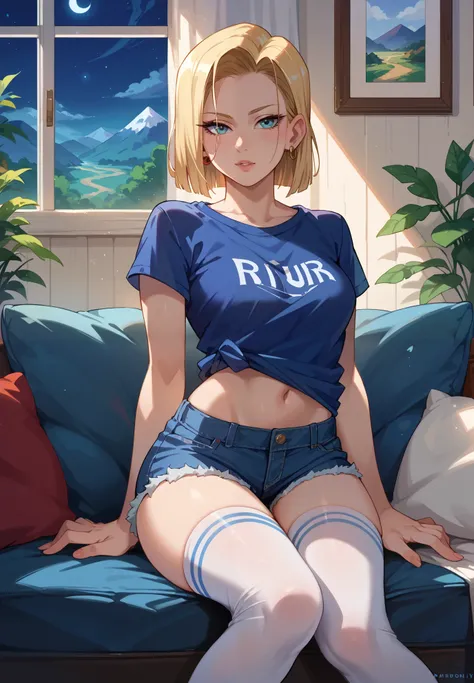 1girl, Android 18, sitting on a couch, t-shirt, silk shorts, thigh highs, sexy pose, lustful, BREAK, night time, mountain cottage, cinematic lighting,