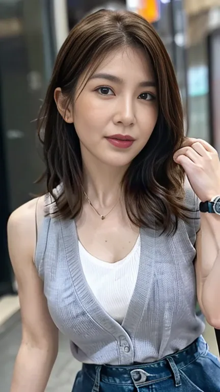 (UHD, masterpiece, anatomically correct, textured skin, super detail, best quality, 8k,  sharp focus ,  professional lighting )、40-year-old woman、1 mature woman 、Classy OL  、HOLIDAY DATING 、 one length hair、dark brown hair、Straight medium hair、large size s...