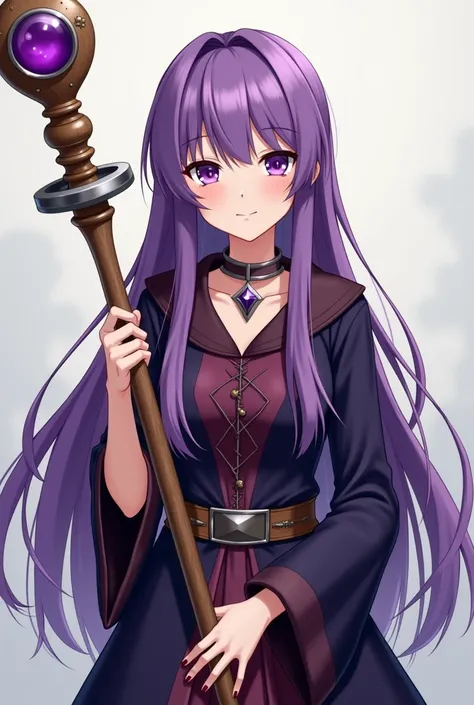  Beautiful girl with long purple hair , wearing an anime-style wizard dress ,  holding a wooden staff with steel rings around the staff and a purple jewel on the tip of the staff, as she looks straight ahead   