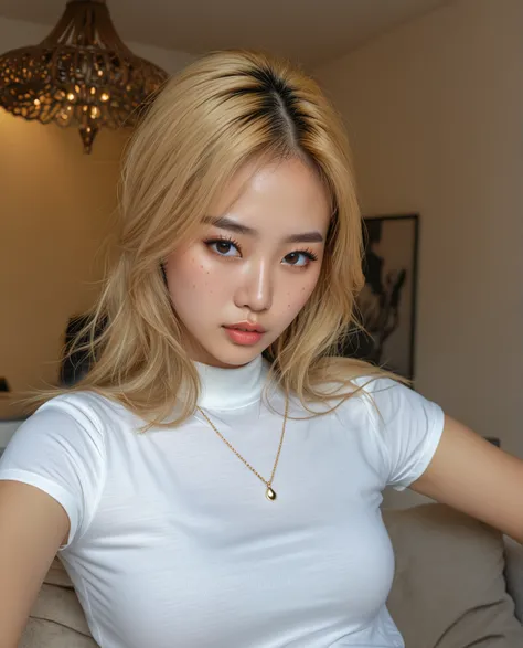 a young Asian woman, 20 years old, black blouse, long blond hair, black eyes, full lips, light makeup, highly detailed facial features, freckles, fair skin, sensual and delicate features, large breasts, Necklace Golden, piercing golden nose, big boobs (bes...